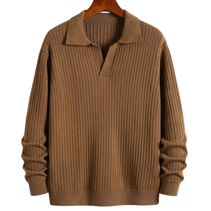 Pull polo côtelé à col en V